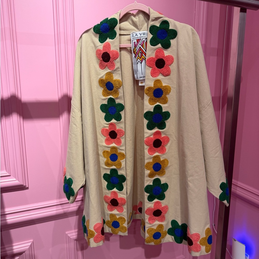 Camel Cotton Patch Mini Duster with Floral Design - La Vie
